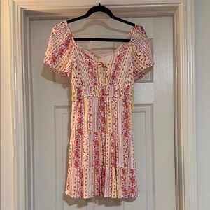 Rewind Floral Stripe Puff-Sleeve Mini Dress - Pink & Yellow